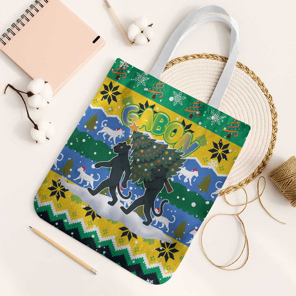 Gabon Christmas Tote Bag with Black Panthers Carrying Tree and Green Yellow Snowflake Pattern - Wonder Print Shop