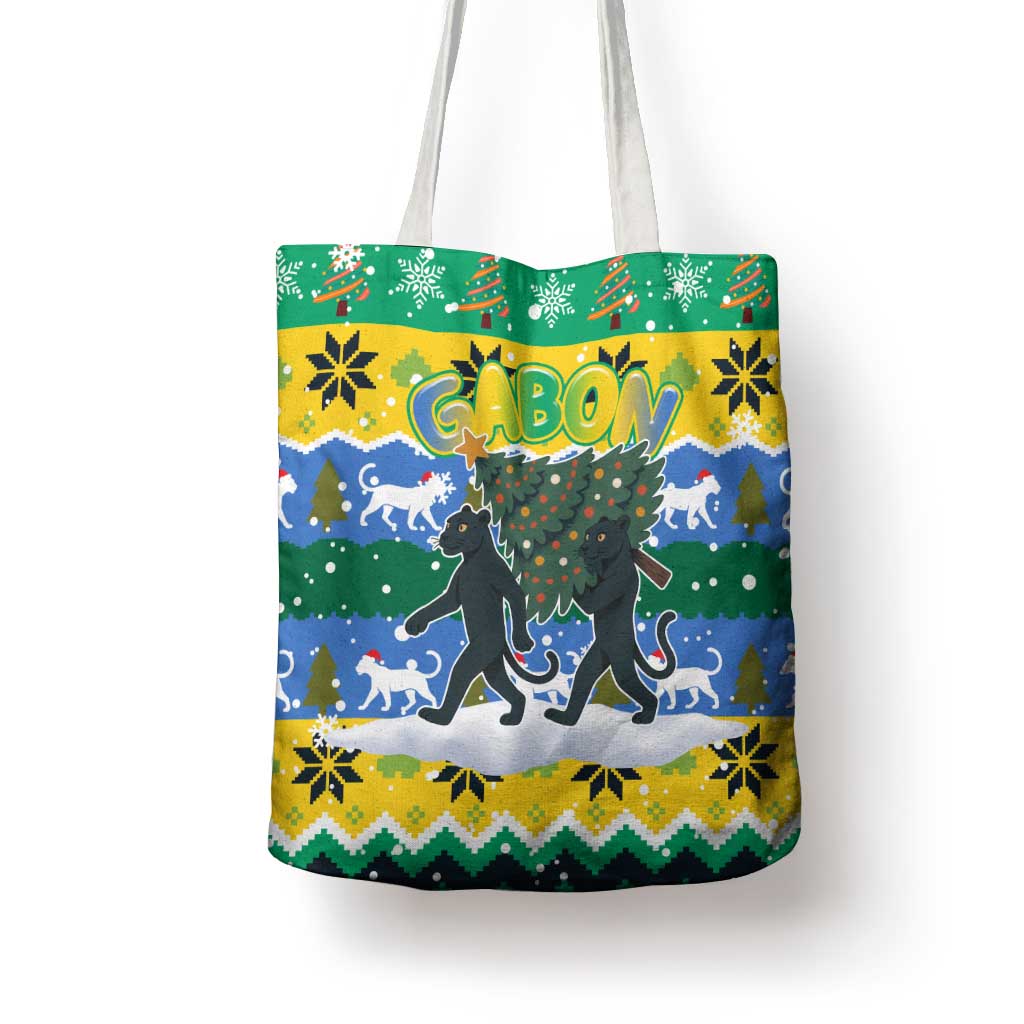 Gabon Christmas Tote Bag with Black Panthers Carrying Tree and Green Yellow Snowflake Pattern - Wonder Print Shop