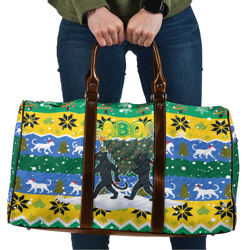 Gabon Christmas Travel Bag with Black Panthers Carrying Tree and Green Yellow Snowflake Pattern - Wonder Print Shop