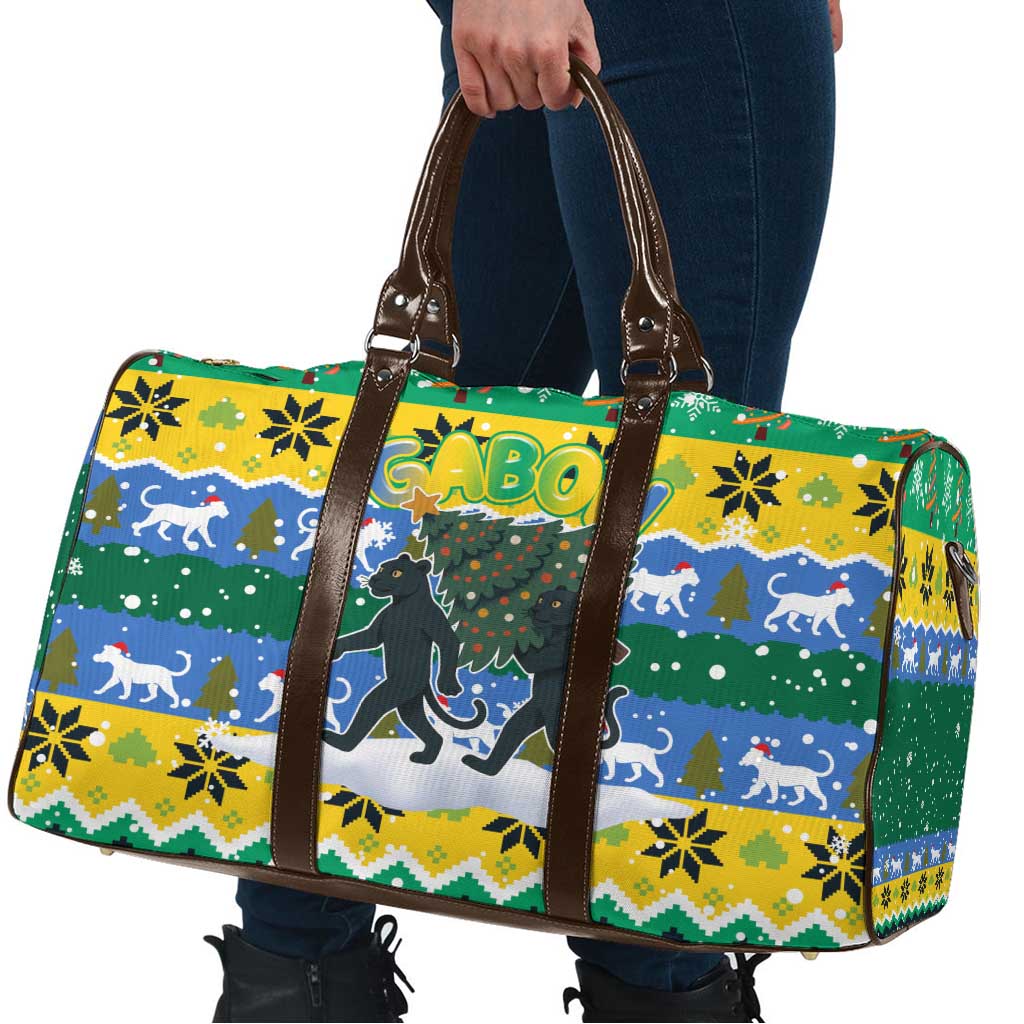 Gabon Christmas Travel Bag with Black Panthers Carrying Tree and Green Yellow Snowflake Pattern - Wonder Print Shop