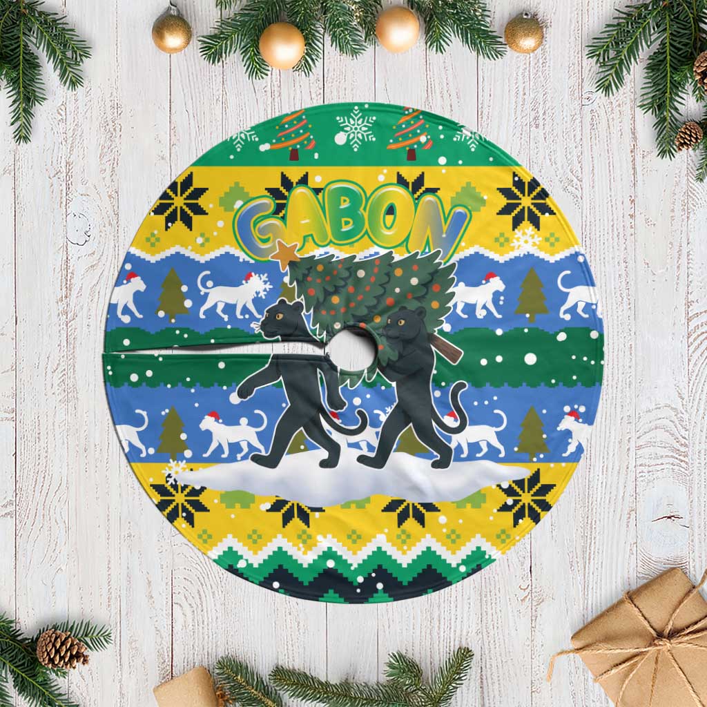Gabon Christmas Tree Skirt with Black Panthers Carrying Tree and Green Yellow Snowflake Pattern - Wonder Print Shop