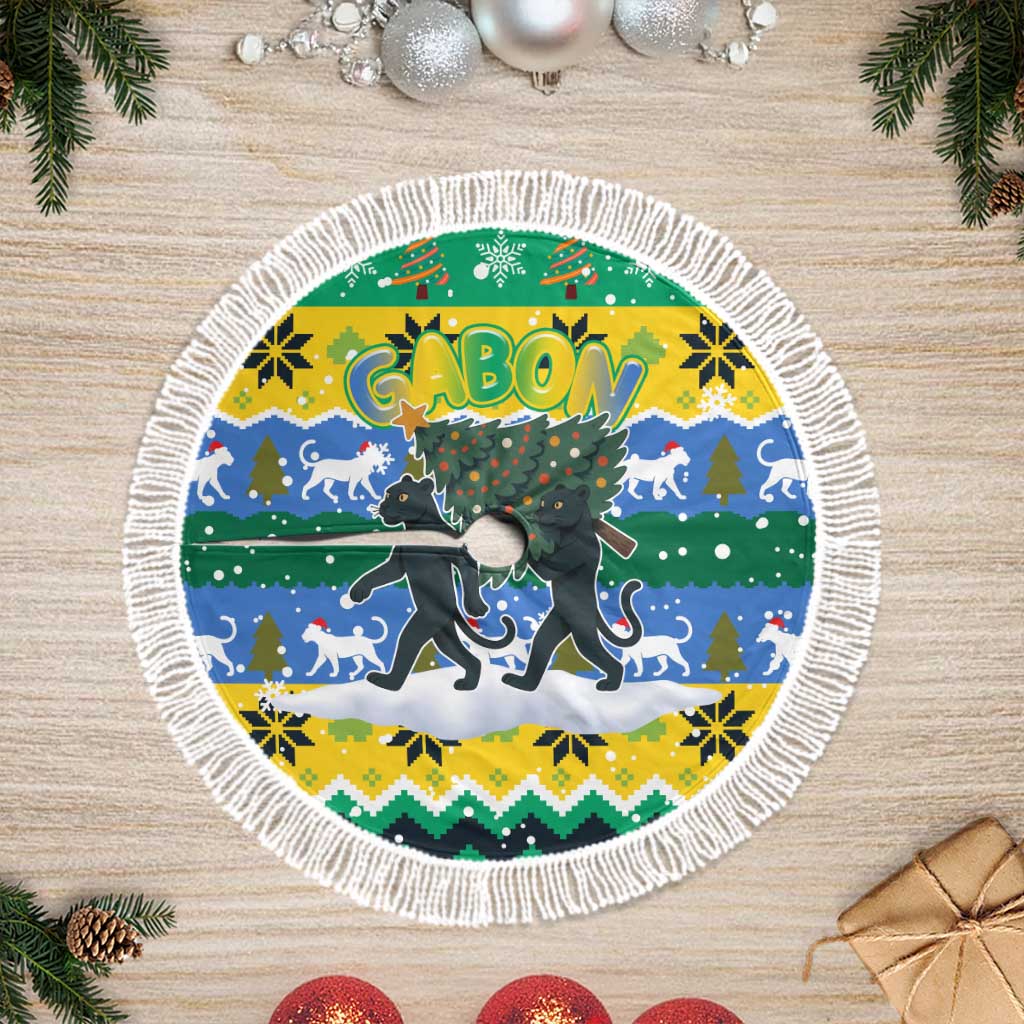 Gabon Christmas Tree Skirt with Black Panthers Carrying Tree and Green Yellow Snowflake Pattern - Wonder Print Shop