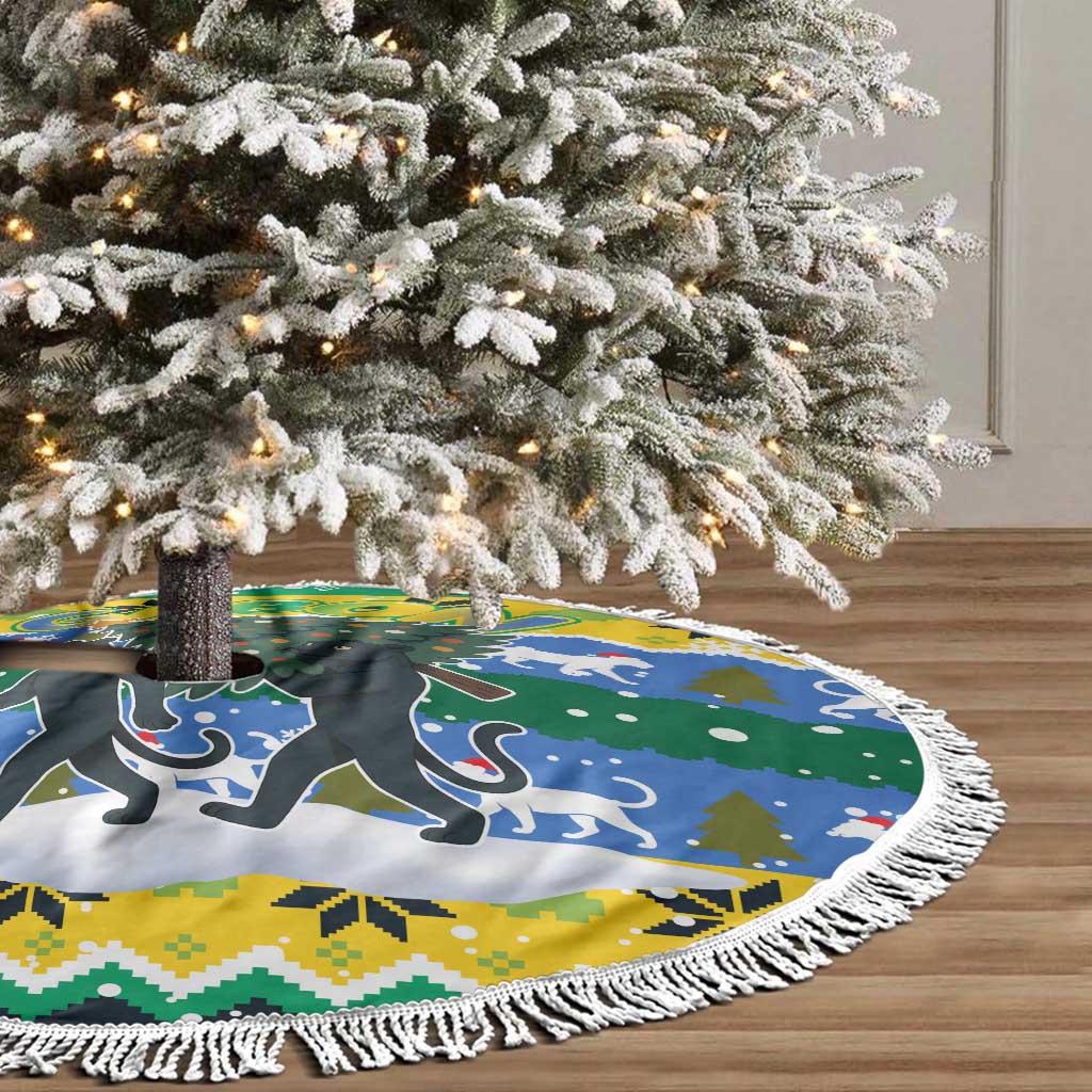 Gabon Christmas Tree Skirt with Black Panthers Carrying Tree and Green Yellow Snowflake Pattern - Wonder Print Shop