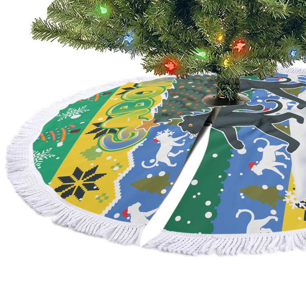 Gabon Christmas Tree Skirt with Black Panthers Carrying Tree and Green Yellow Snowflake Pattern - Wonder Print Shop