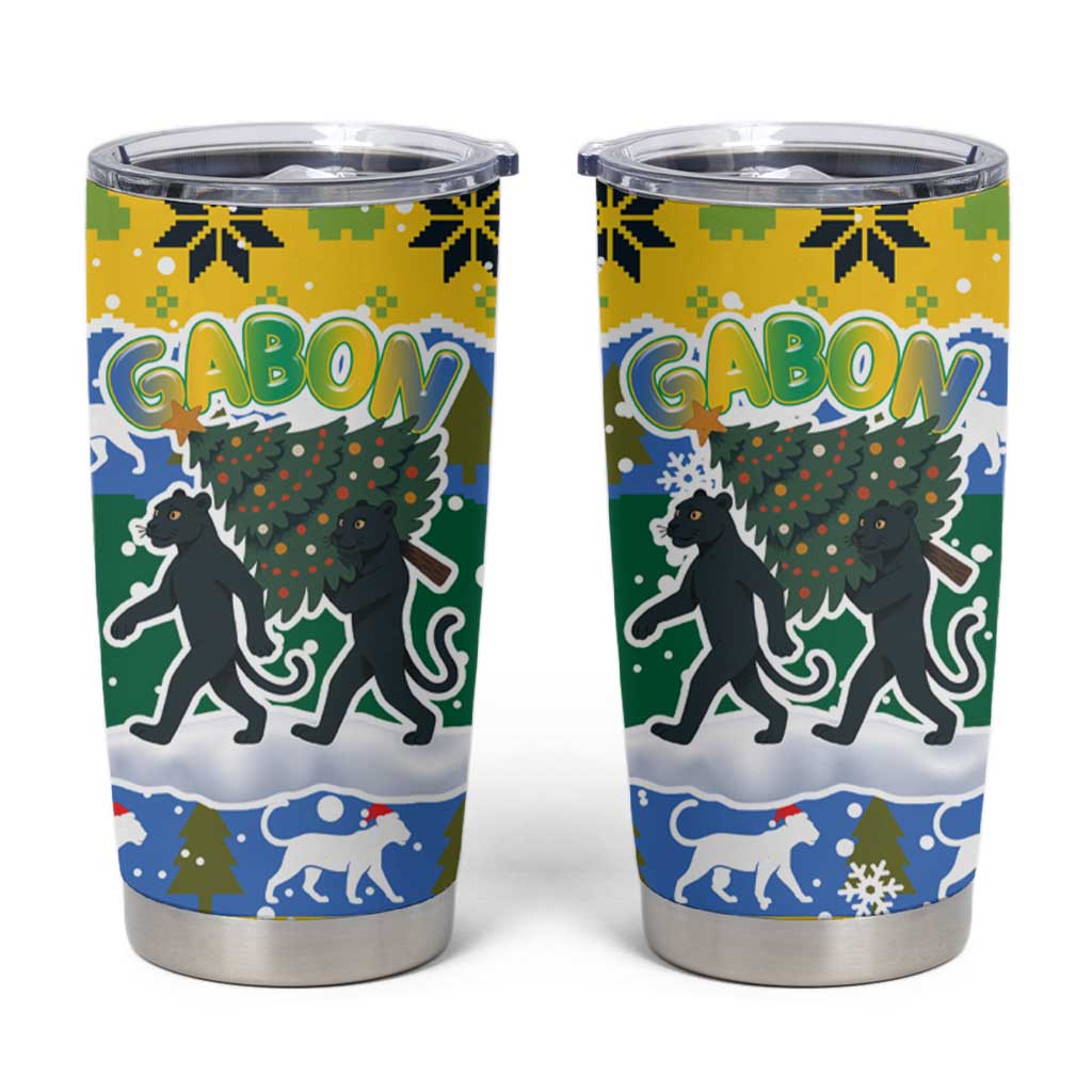 Gabon Christmas Tumbler Cup with Black Panthers Carrying Tree and Green Yellow Snowflake Pattern - Wonder Print Shop