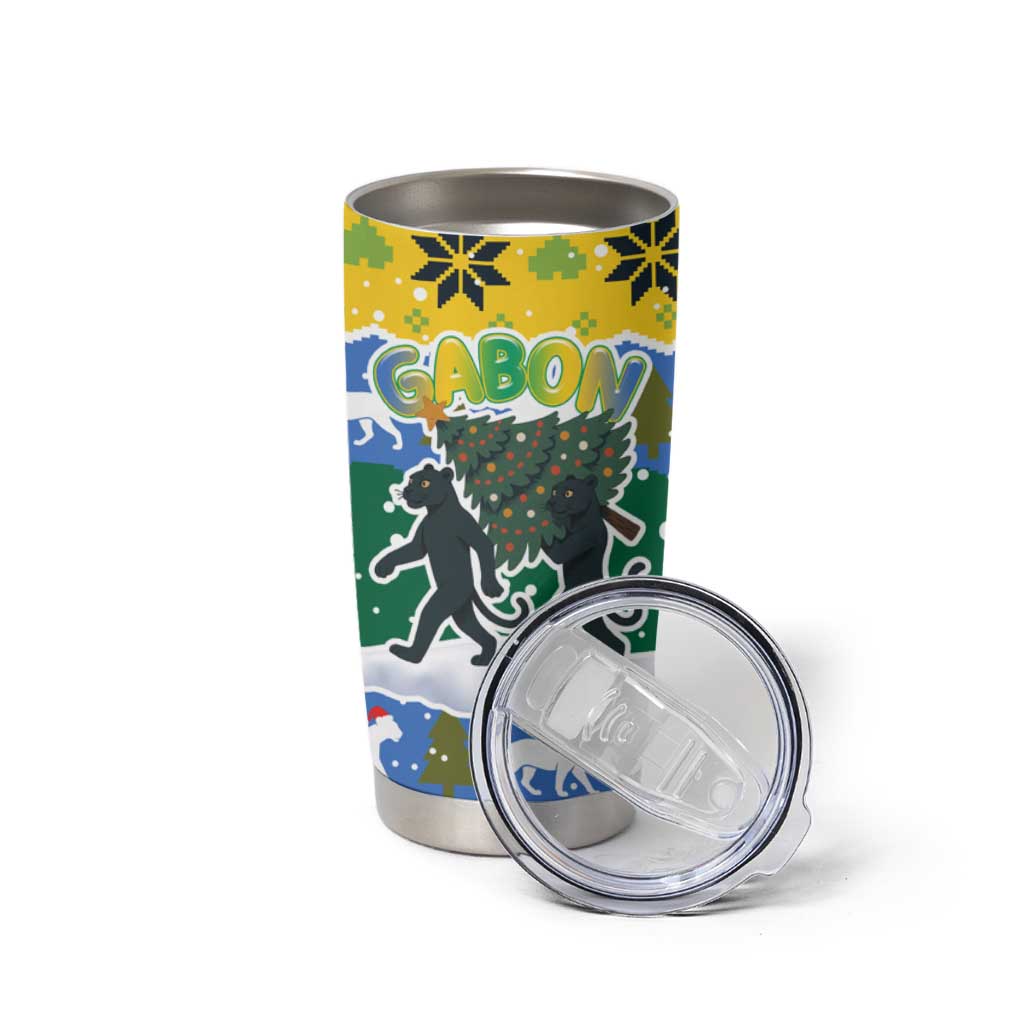 Gabon Christmas Tumbler Cup with Black Panthers Carrying Tree and Green Yellow Snowflake Pattern - Wonder Print Shop