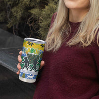 Gabon Christmas Tumbler Cup with Black Panthers Carrying Tree and Green Yellow Snowflake Pattern - Wonder Print Shop