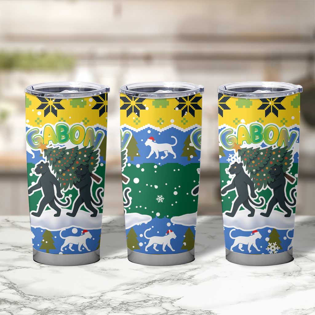 Gabon Christmas Tumbler Cup with Black Panthers Carrying Tree and Green Yellow Snowflake Pattern - Wonder Print Shop