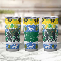 Gabon Christmas Tumbler Cup with Black Panthers Carrying Tree and Green Yellow Snowflake Pattern - Wonder Print Shop
