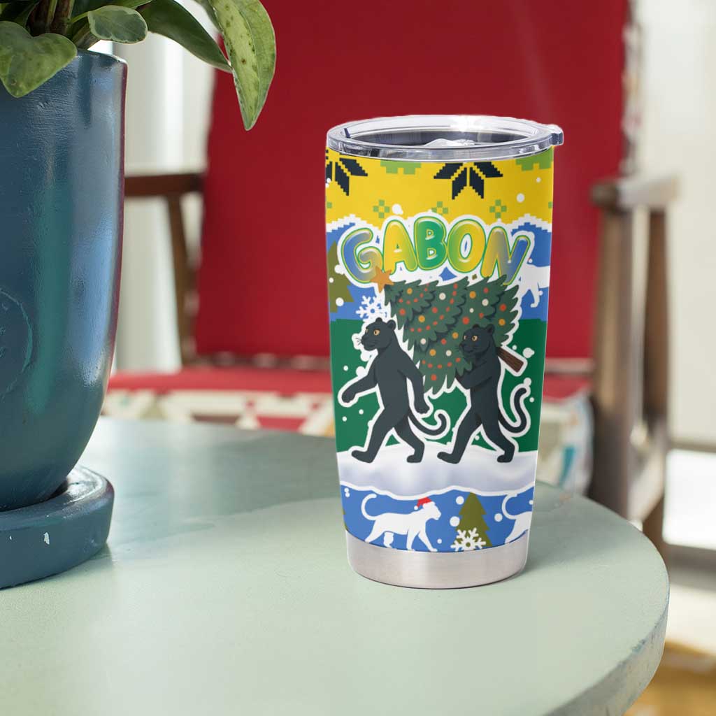 Gabon Christmas Tumbler Cup with Black Panthers Carrying Tree and Green Yellow Snowflake Pattern - Wonder Print Shop