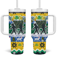 Gabon Christmas Tumbler With Handle with Black Panthers Carrying Tree and Green Yellow Snowflake Pattern - Wonder Print Shop