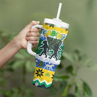 Gabon Christmas Tumbler With Handle with Black Panthers Carrying Tree and Green Yellow Snowflake Pattern - Wonder Print Shop