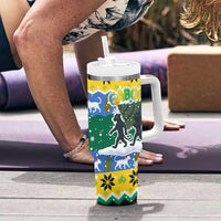 Gabon Christmas Tumbler With Handle with Black Panthers Carrying Tree and Green Yellow Snowflake Pattern - Wonder Print Shop