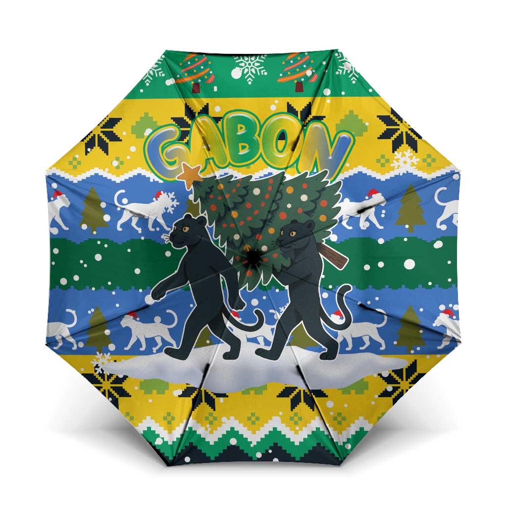 Gabon Christmas Umbrella with Black Panthers Carrying Tree and Green Yellow Snowflake Pattern - Wonder Print Shop