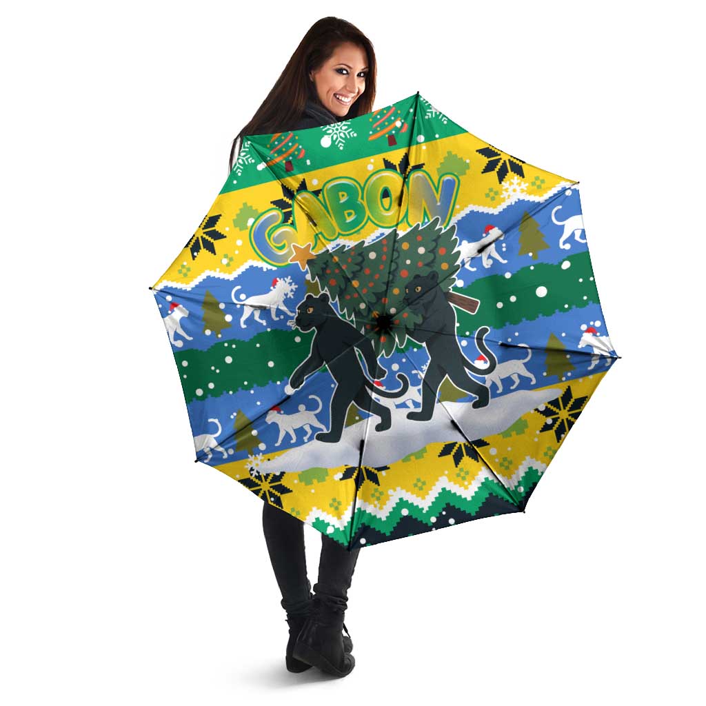 Gabon Christmas Umbrella with Black Panthers Carrying Tree and Green Yellow Snowflake Pattern - Wonder Print Shop