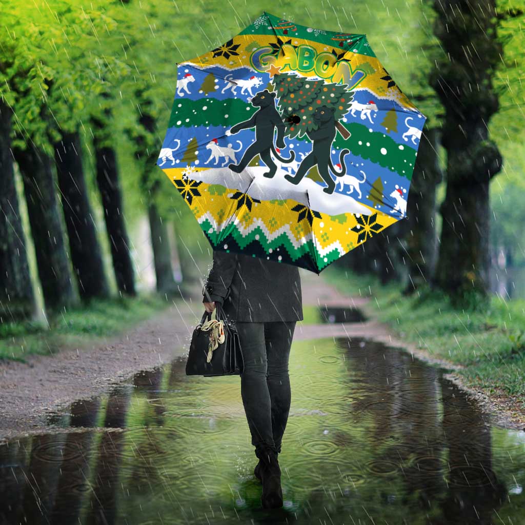 Gabon Christmas Umbrella with Black Panthers Carrying Tree and Green Yellow Snowflake Pattern - Wonder Print Shop