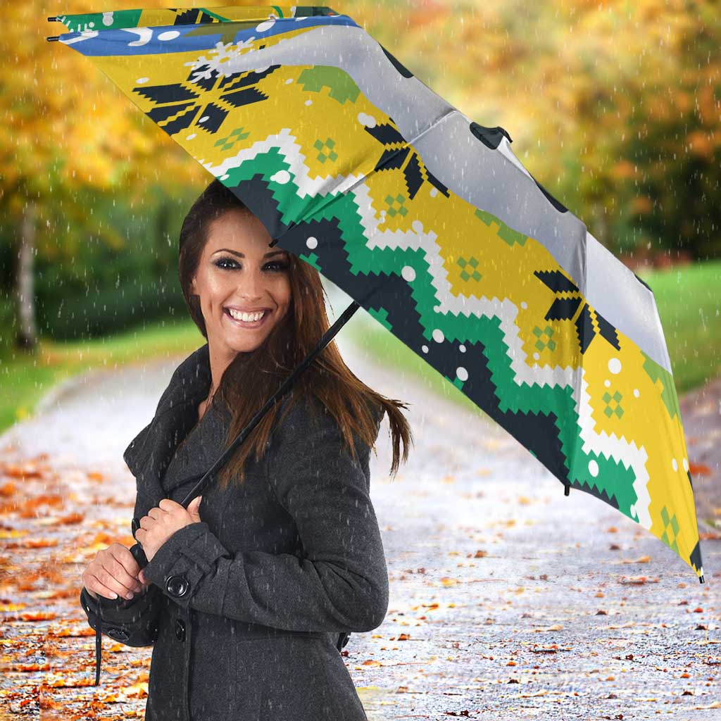 Gabon Christmas Umbrella with Black Panthers Carrying Tree and Green Yellow Snowflake Pattern - Wonder Print Shop