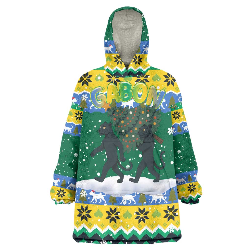Gabon Christmas Wearable Blanket Hoodie with Black Panthers Carrying Tree and Green Yellow Snowflake Pattern - Wonder Print Shop