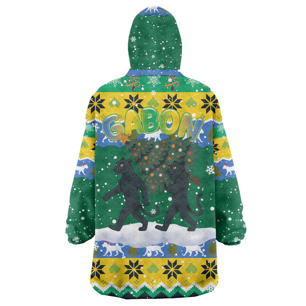 Gabon Christmas Wearable Blanket Hoodie with Black Panthers Carrying Tree and Green Yellow Snowflake Pattern - Wonder Print Shop
