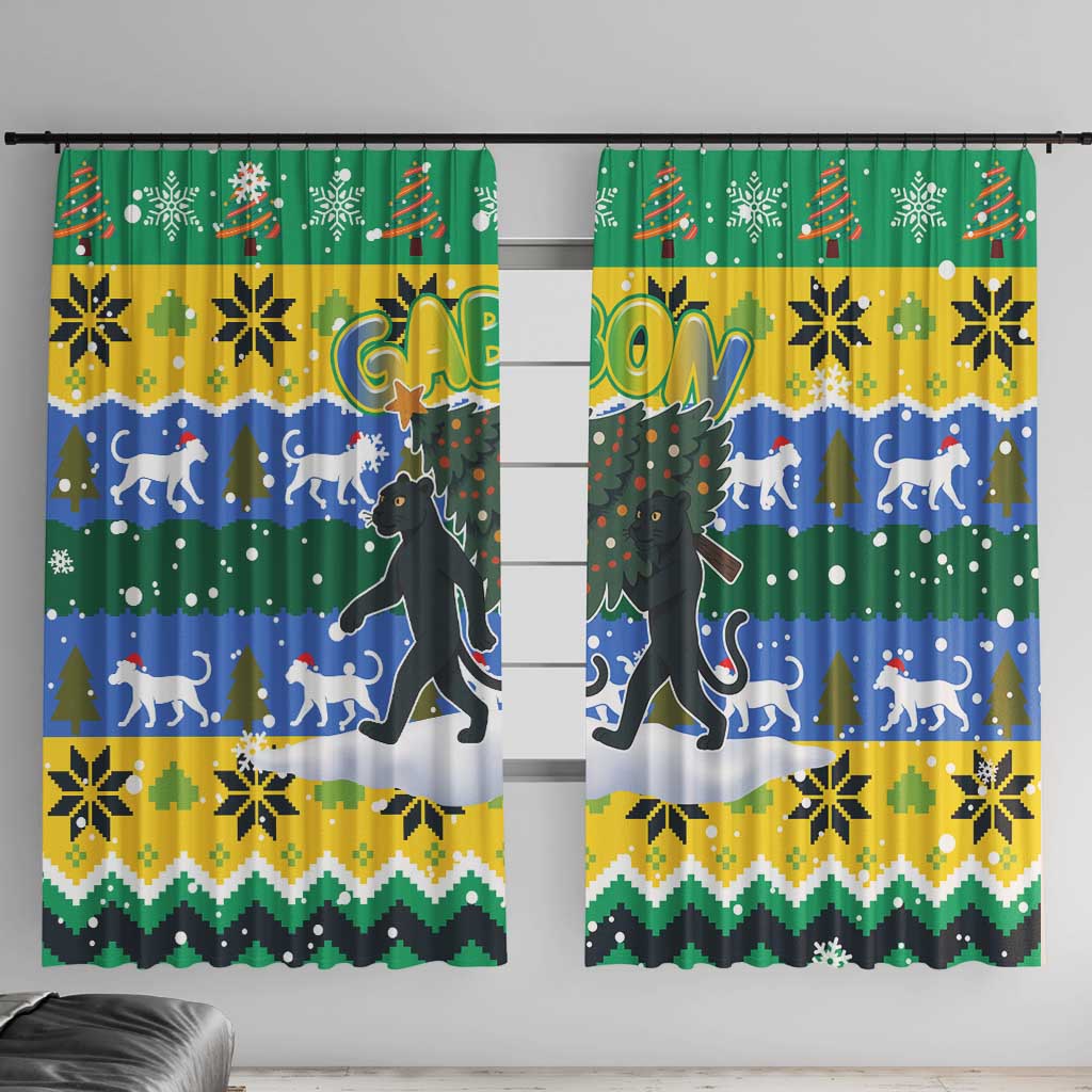 Gabon Christmas Window Curtain with Black Panthers Carrying Tree and Green Yellow Snowflake Pattern - Wonder Print Shop