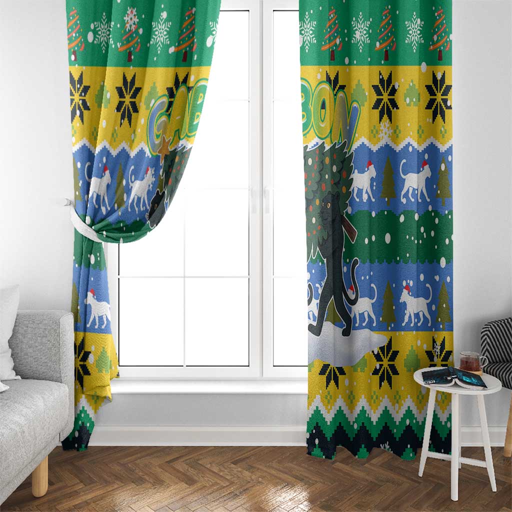 Gabon Christmas Window Curtain with Black Panthers Carrying Tree and Green Yellow Snowflake Pattern - Wonder Print Shop