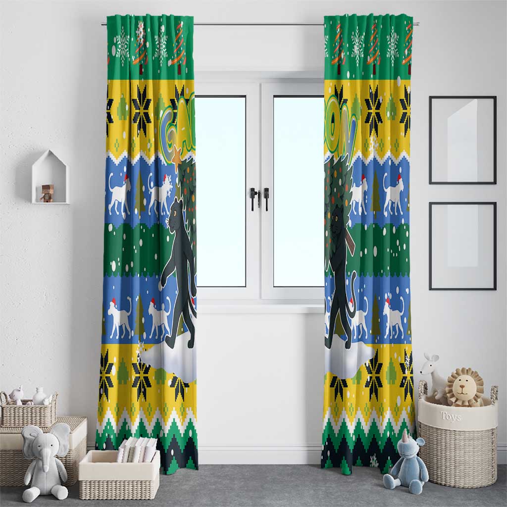 Gabon Christmas Window Curtain with Black Panthers Carrying Tree and Green Yellow Snowflake Pattern - Wonder Print Shop