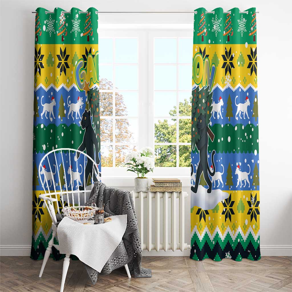 Gabon Christmas Window Curtain with Black Panthers Carrying Tree and Green Yellow Snowflake Pattern - Wonder Print Shop