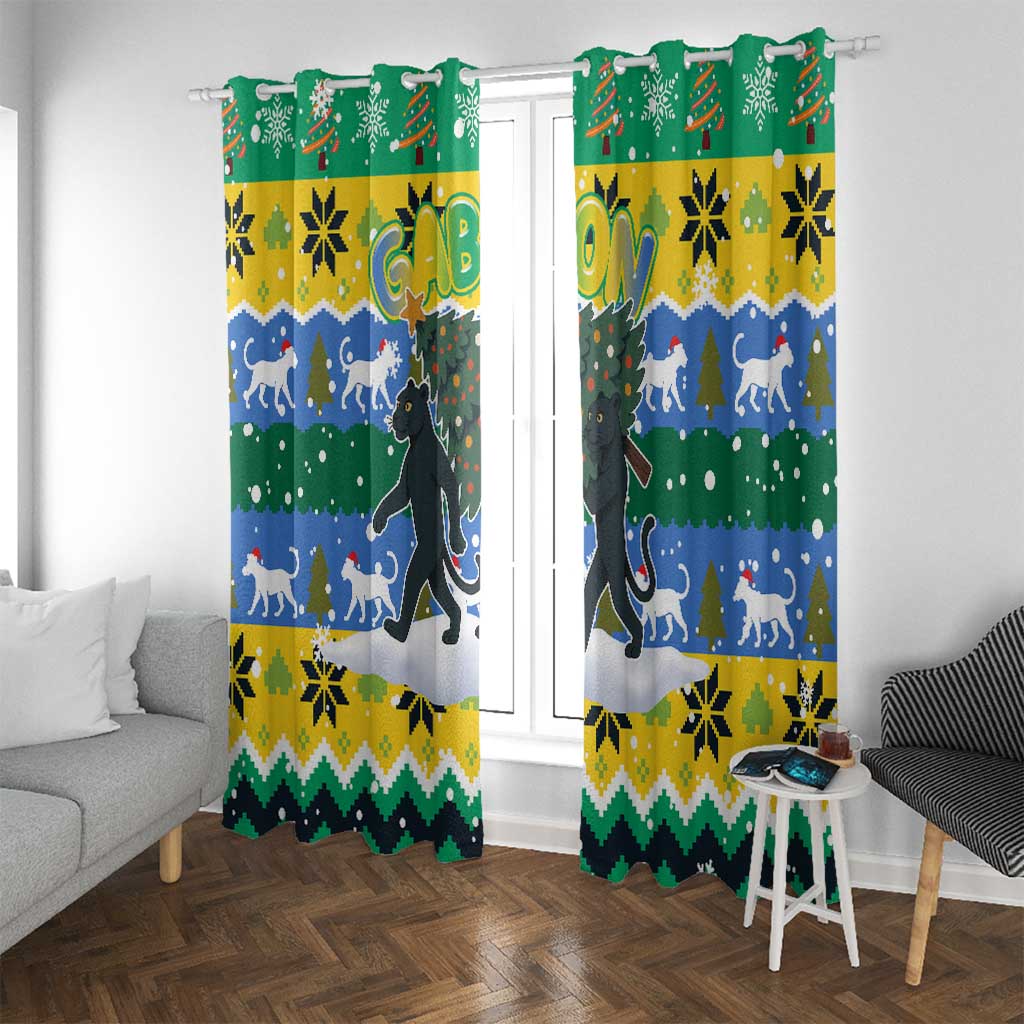 Gabon Christmas Window Curtain with Black Panthers Carrying Tree and Green Yellow Snowflake Pattern - Wonder Print Shop