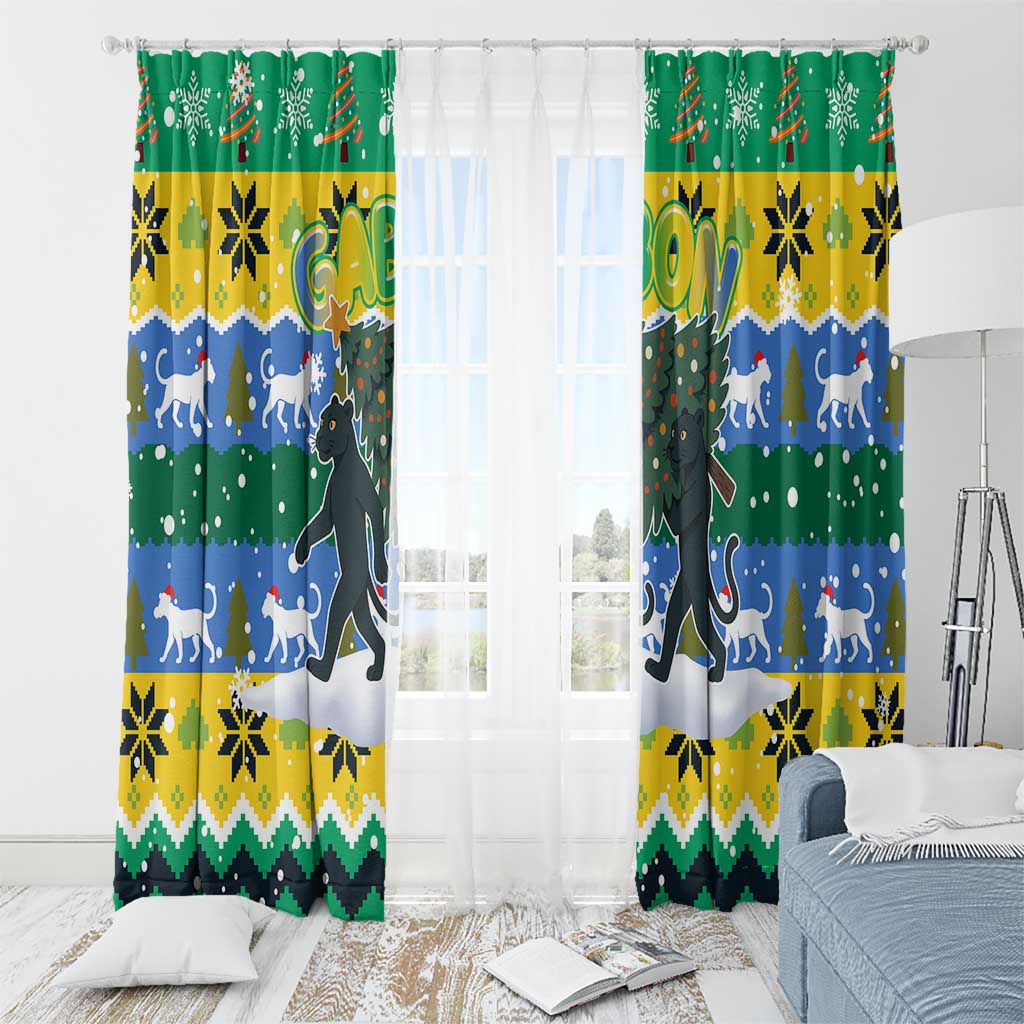 Gabon Christmas Window Curtain with Black Panthers Carrying Tree and Green Yellow Snowflake Pattern - Wonder Print Shop