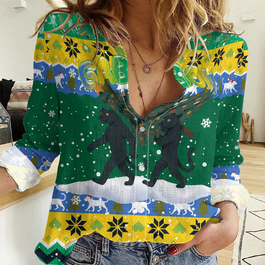 Gabon Christmas Women Casual Shirt with Black Panthers Carrying Tree and Green Yellow Snowflake Pattern - Wonder Print Shop
