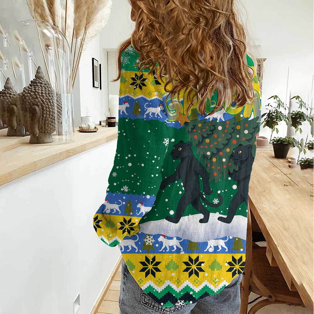 Gabon Christmas Women Casual Shirt with Black Panthers Carrying Tree and Green Yellow Snowflake Pattern - Wonder Print Shop