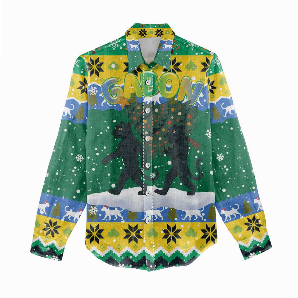 Gabon Christmas Women Casual Shirt with Black Panthers Carrying Tree and Green Yellow Snowflake Pattern - Wonder Print Shop