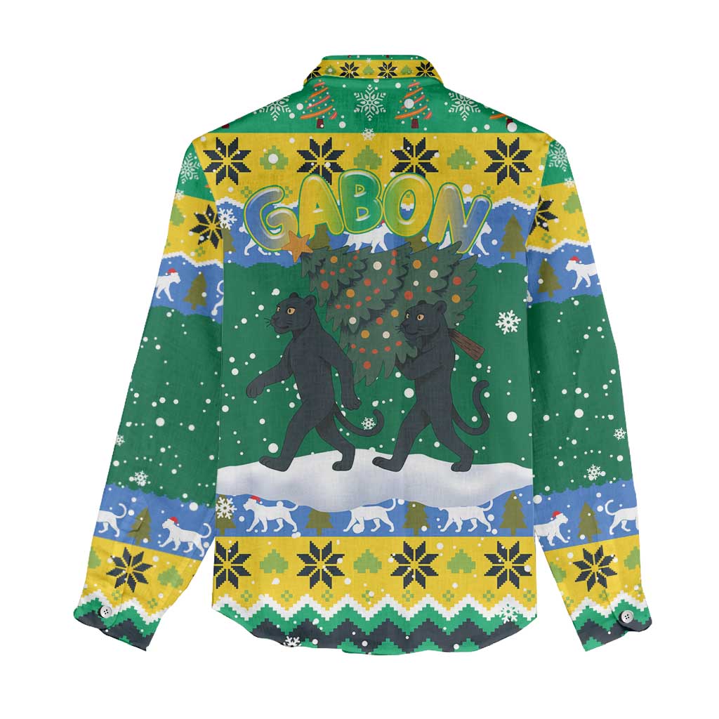 Gabon Christmas Women Casual Shirt with Black Panthers Carrying Tree and Green Yellow Snowflake Pattern - Wonder Print Shop