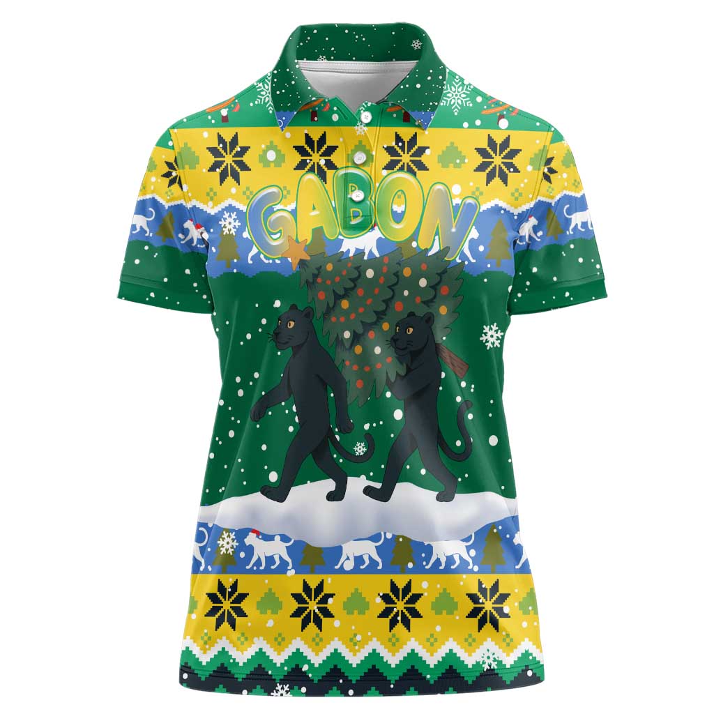 Gabon Christmas Women Polo Shirt with Black Panthers Carrying Tree and Green Yellow Snowflake Pattern - Wonder Print Shop