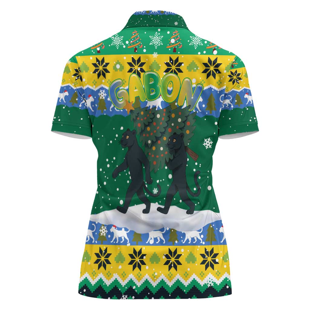 Gabon Christmas Women Polo Shirt with Black Panthers Carrying Tree and Green Yellow Snowflake Pattern - Wonder Print Shop