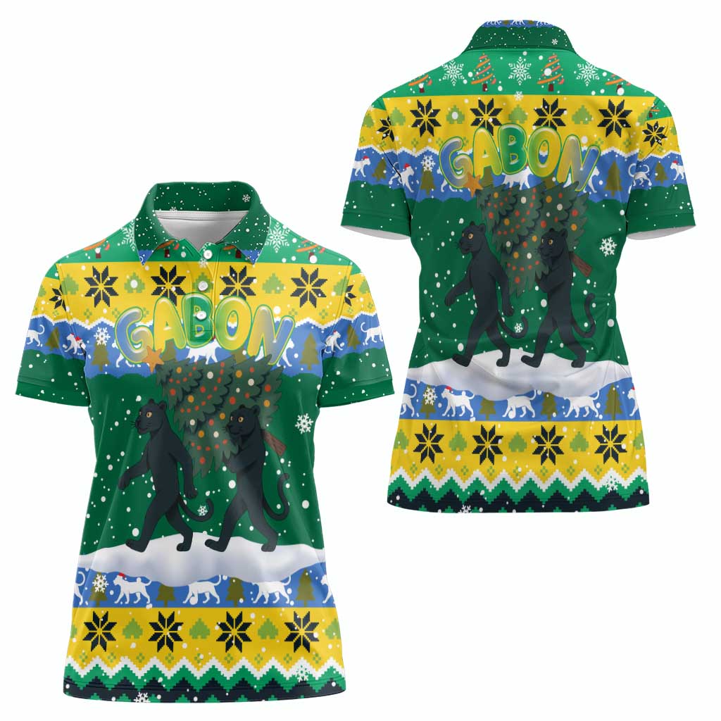 Gabon Christmas Women Polo Shirt with Black Panthers Carrying Tree and Green Yellow Snowflake Pattern - Wonder Print Shop