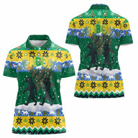 Gabon Christmas Women Polo Shirt with Black Panthers Carrying Tree and Green Yellow Snowflake Pattern - Wonder Print Shop