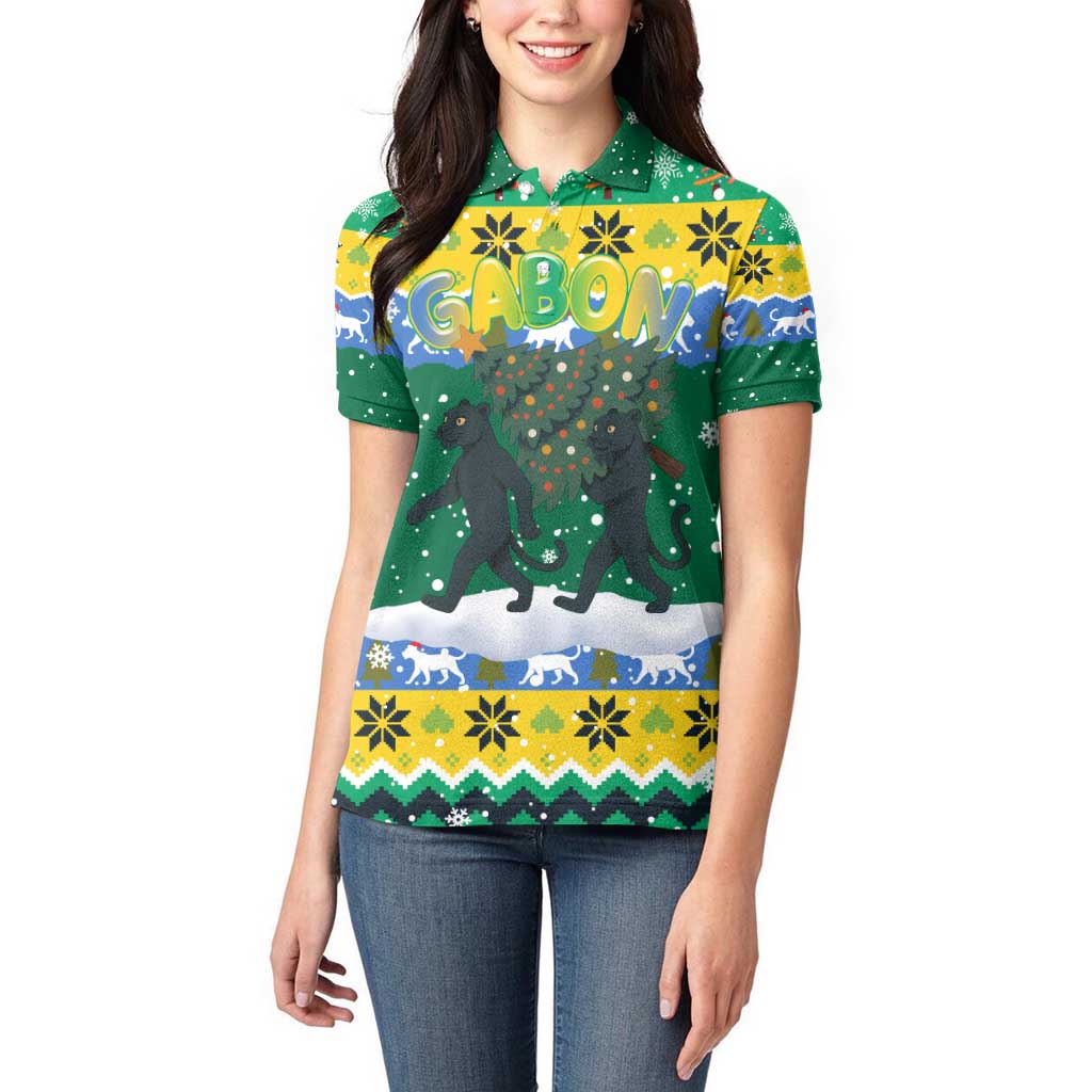 Gabon Christmas Women Polo Shirt with Black Panthers Carrying Tree and Green Yellow Snowflake Pattern - Wonder Print Shop