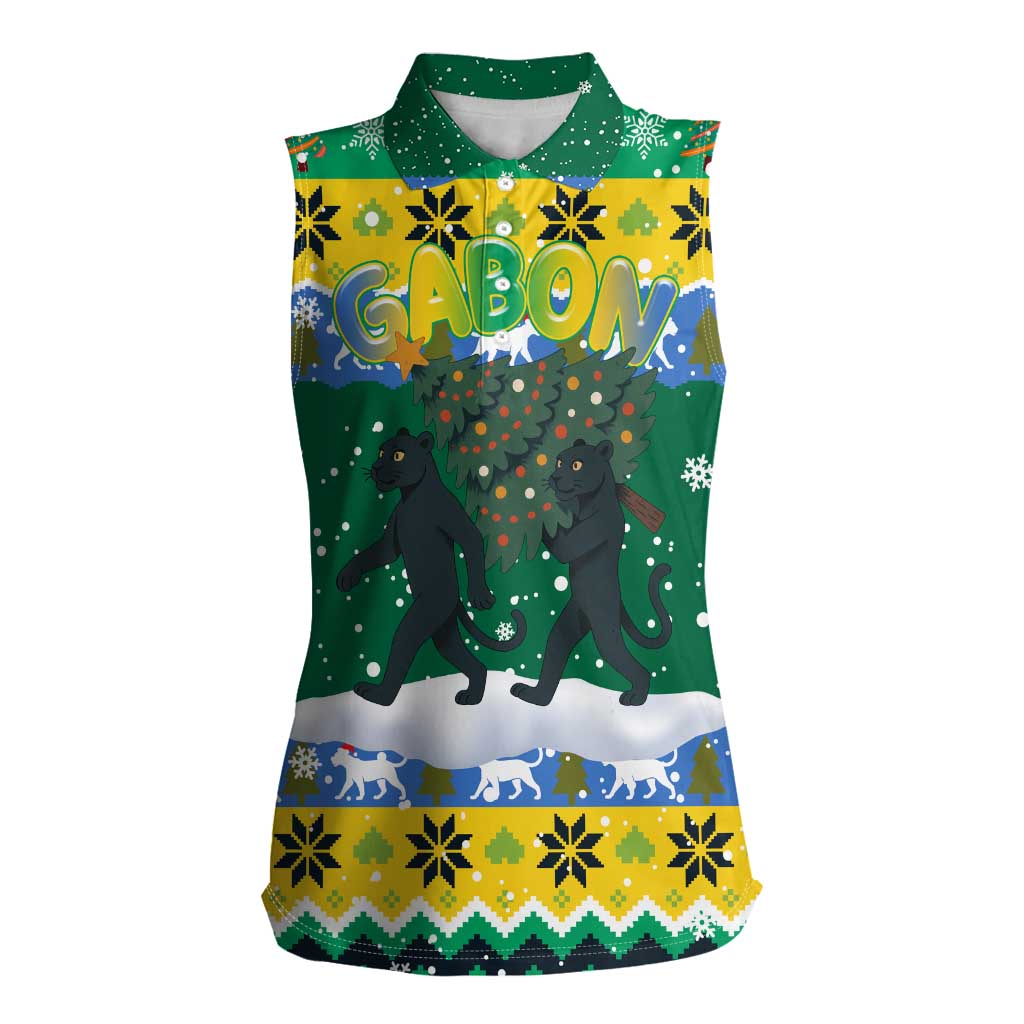 Gabon Christmas Women Sleeveless Polo Shirt with Black Panthers Carrying Tree and Green Yellow Snowflake Pattern - Wonder Print Shop