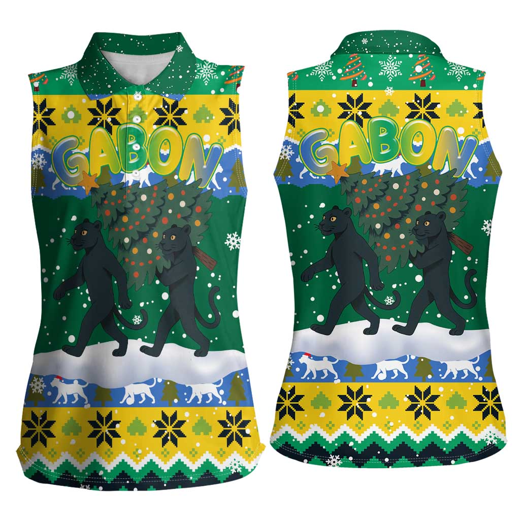 Gabon Christmas Women Sleeveless Polo Shirt with Black Panthers Carrying Tree and Green Yellow Snowflake Pattern - Wonder Print Shop