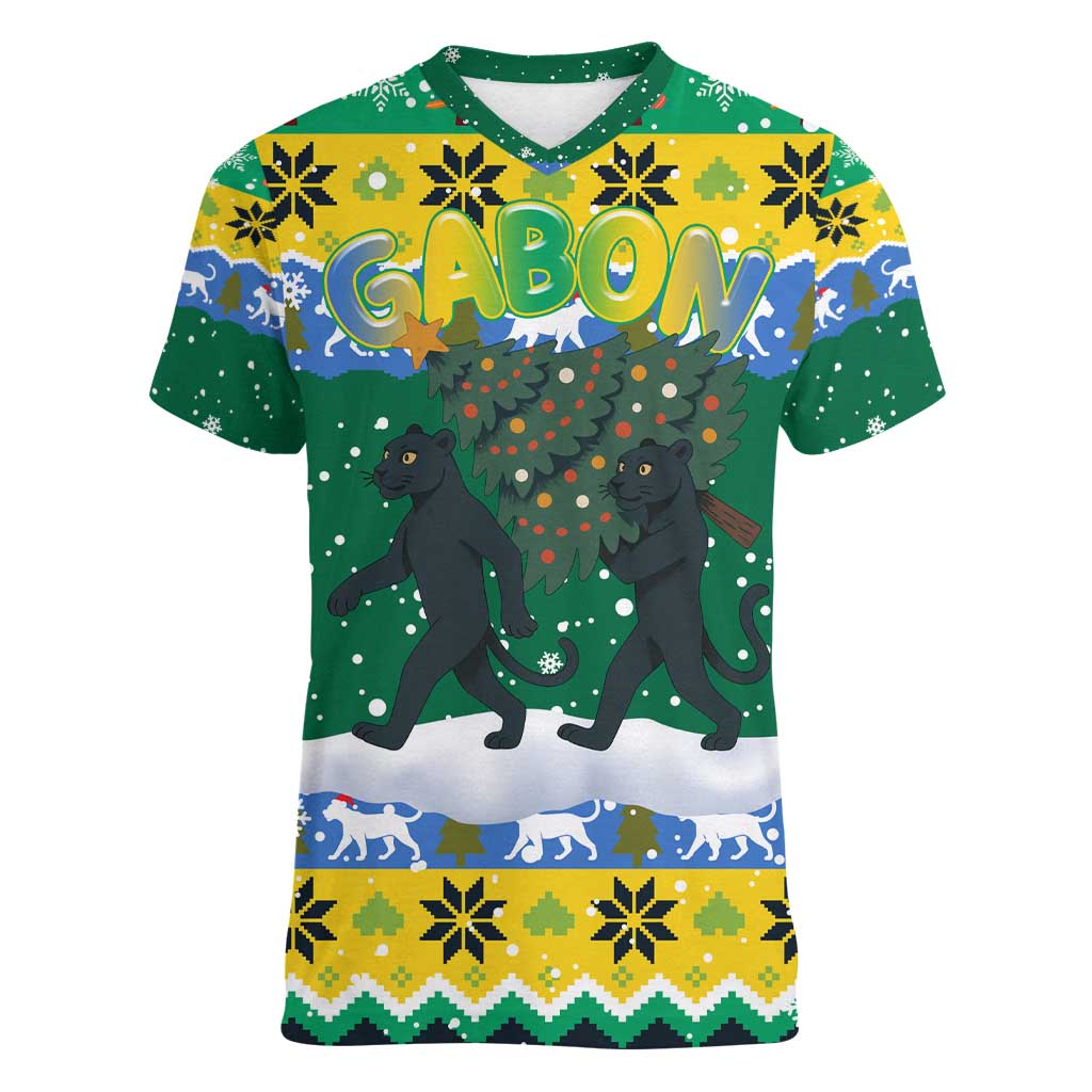 Gabon Christmas Women V-Neck T-Shirt with Black Panthers Carrying Tree and Green Yellow Snowflake Pattern - Wonder Print Shop