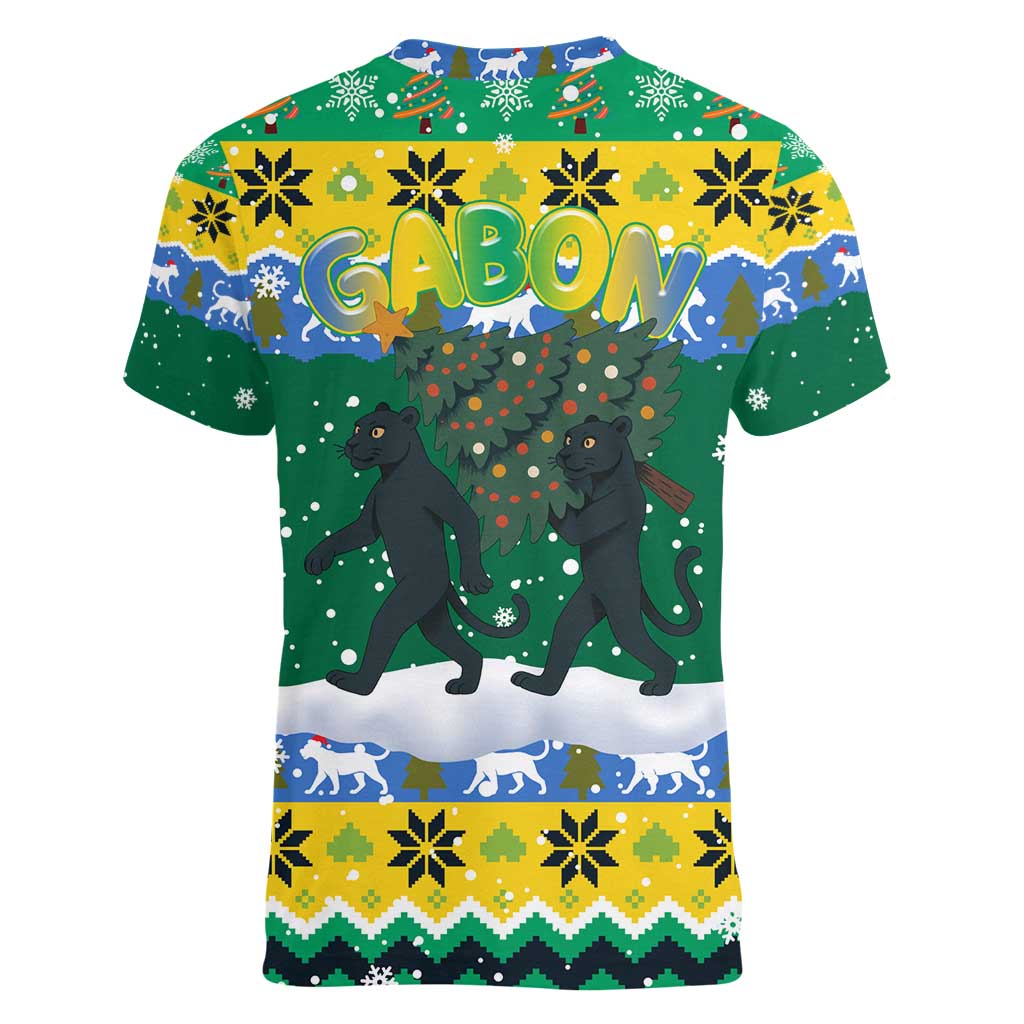 Gabon Christmas Women V-Neck T-Shirt with Black Panthers Carrying Tree and Green Yellow Snowflake Pattern - Wonder Print Shop