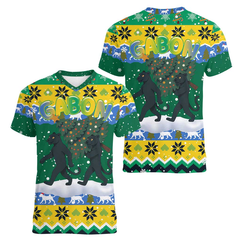 Gabon Christmas Women V-Neck T-Shirt with Black Panthers Carrying Tree and Green Yellow Snowflake Pattern - Wonder Print Shop