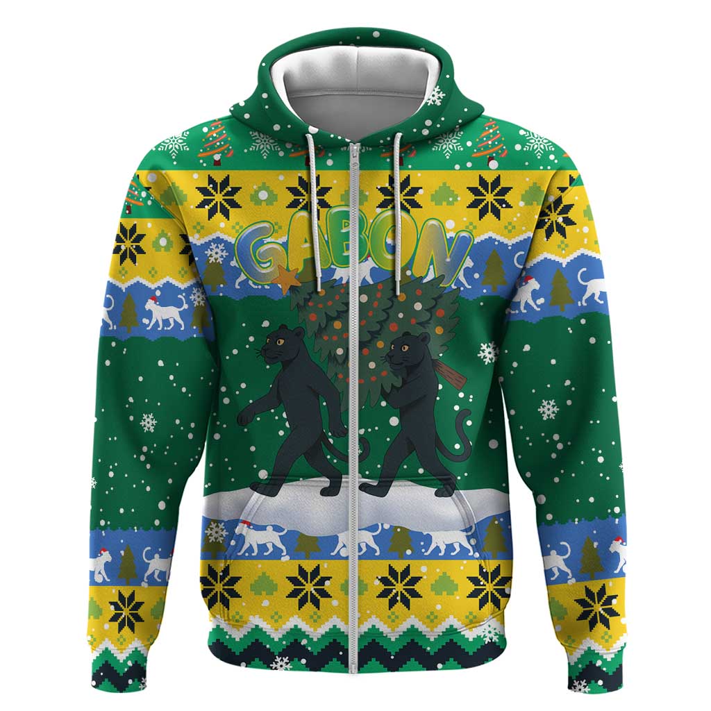 Gabon Christmas Zip Hoodie with Black Panthers Carrying Tree and Green Yellow Snowflake Pattern - Wonder Print Shop