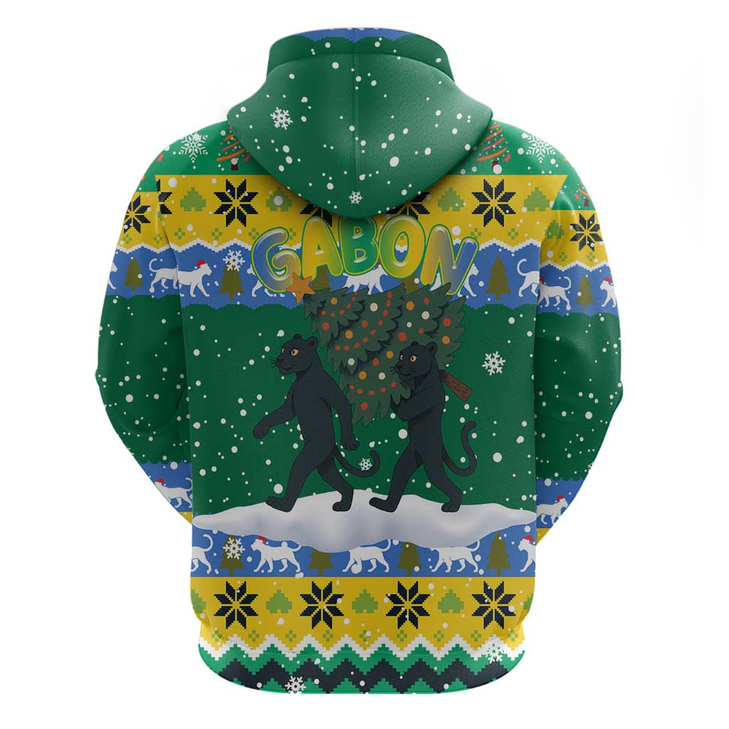 Gabon Christmas Zip Hoodie with Black Panthers Carrying Tree and Green Yellow Snowflake Pattern - Wonder Print Shop