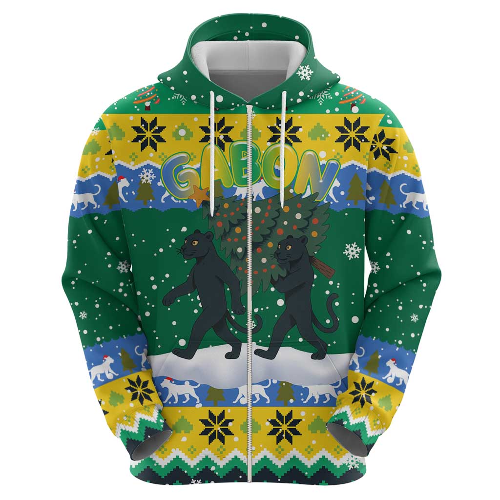 Gabon Christmas Zip Hoodie with Black Panthers Carrying Tree and Green Yellow Snowflake Pattern - Wonder Print Shop