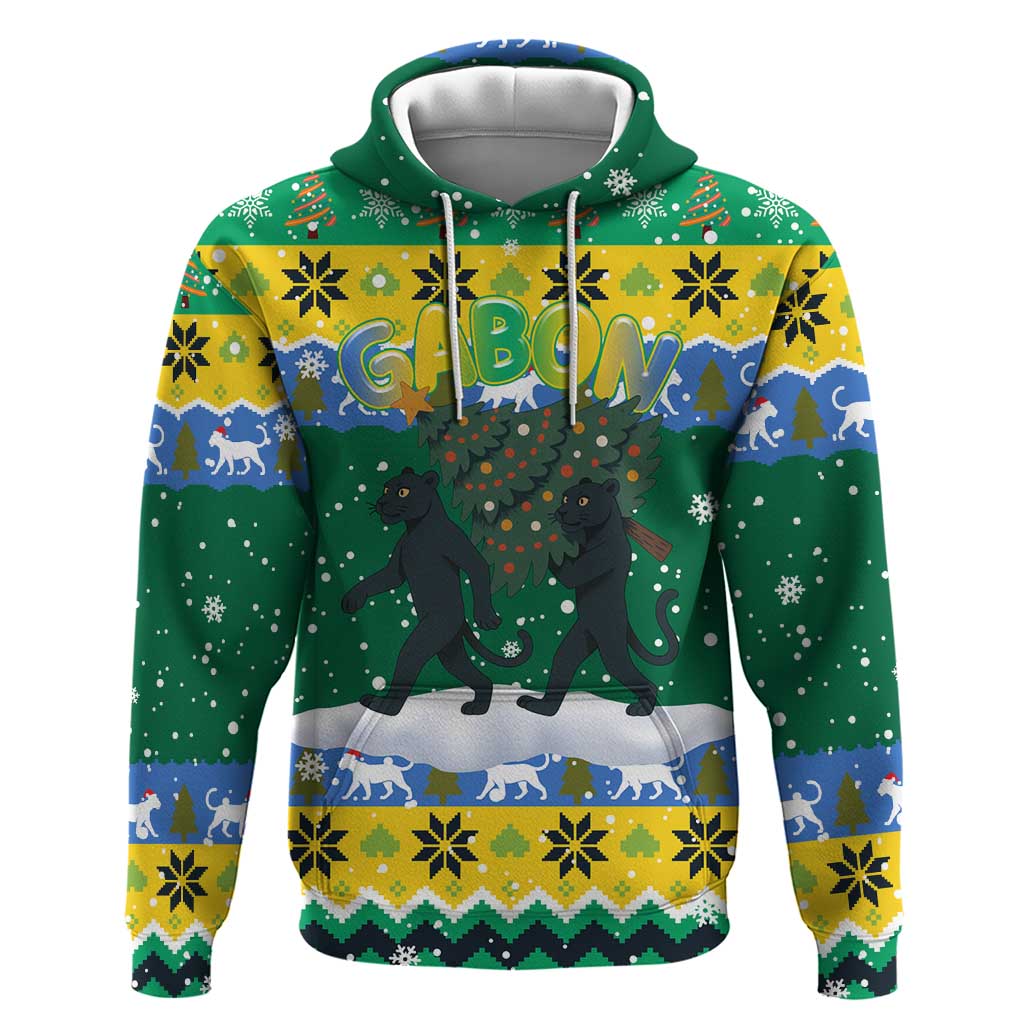 Gabon Christmas Zip Hoodie with Black Panthers Carrying Tree and Green Yellow Snowflake Pattern - Wonder Print Shop