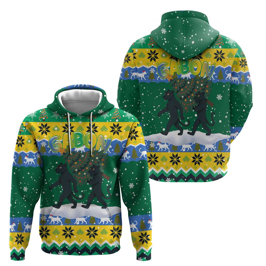 Gabon Christmas Zip Hoodie with Black Panthers Carrying Tree and Green Yellow Snowflake Pattern - Wonder Print Shop