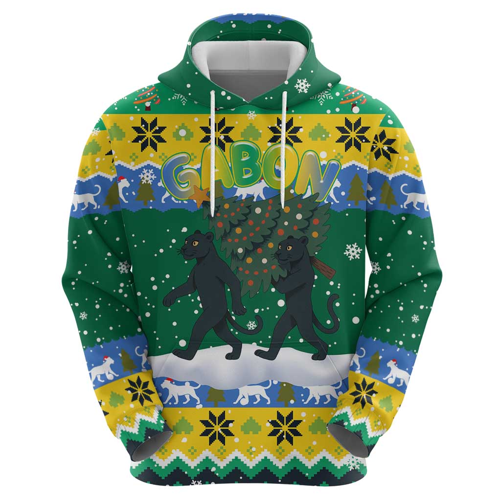 Gabon Christmas Zip Hoodie with Black Panthers Carrying Tree and Green Yellow Snowflake Pattern - Wonder Print Shop