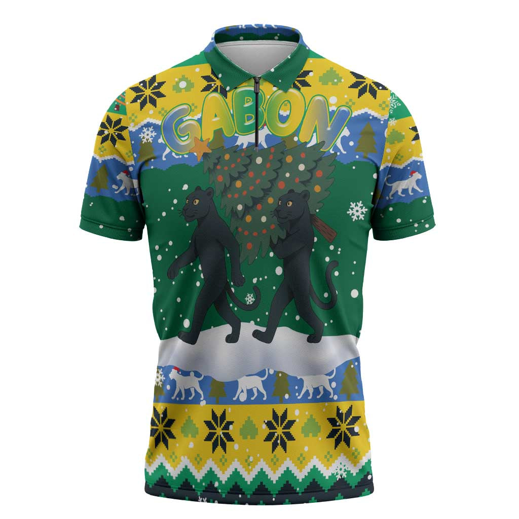 Gabon Christmas Zipper Polo Shirt with Black Panthers Carrying Tree and Green Yellow Snowflake Pattern - Wonder Print Shop